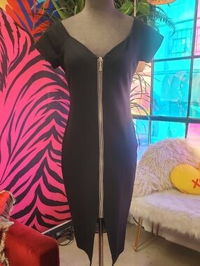 Haute Monde Black Midi Dress with Front Silver Zip